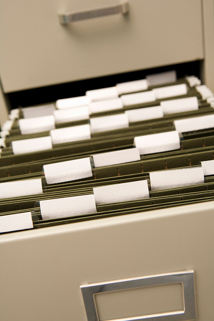 Close-up of Files in Filing Cabinet