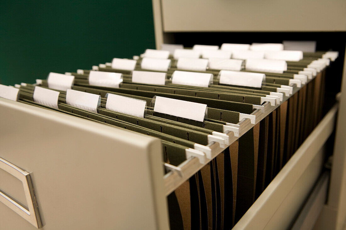 Close-up of Files in Filing Cabinet