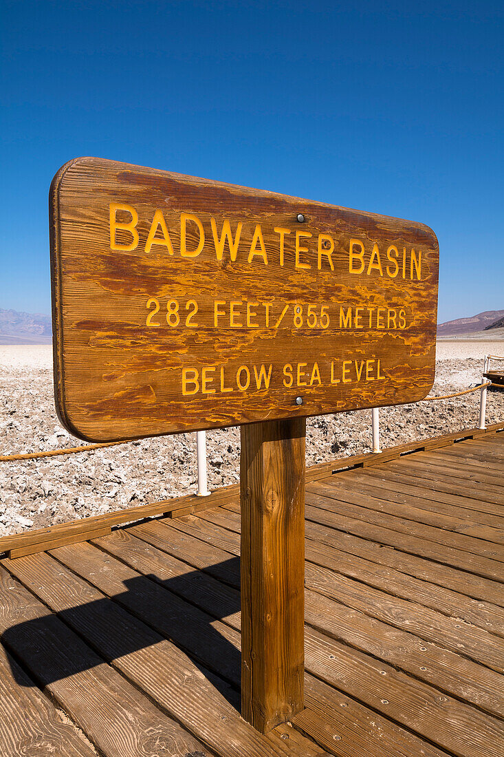 Badwater Basin Schild, Death Valley National Park, Kalifornien, USA