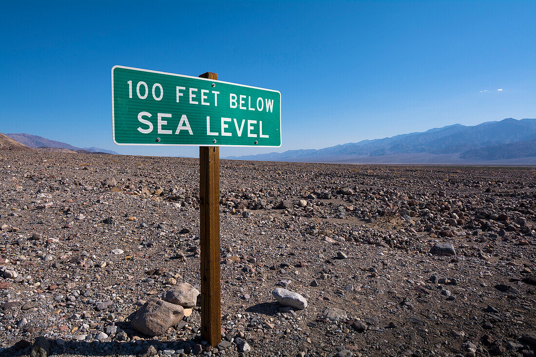 100 Feet Below Sea Level Sign, Death Valley National Park, California, USA