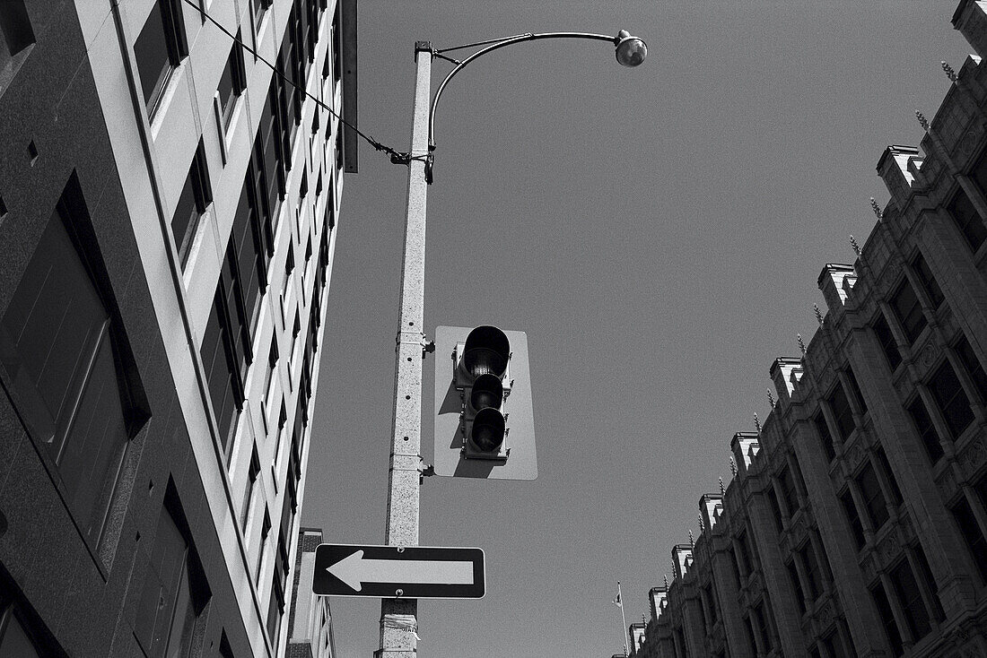 Looking Up at Traffic Light and Street Sign
