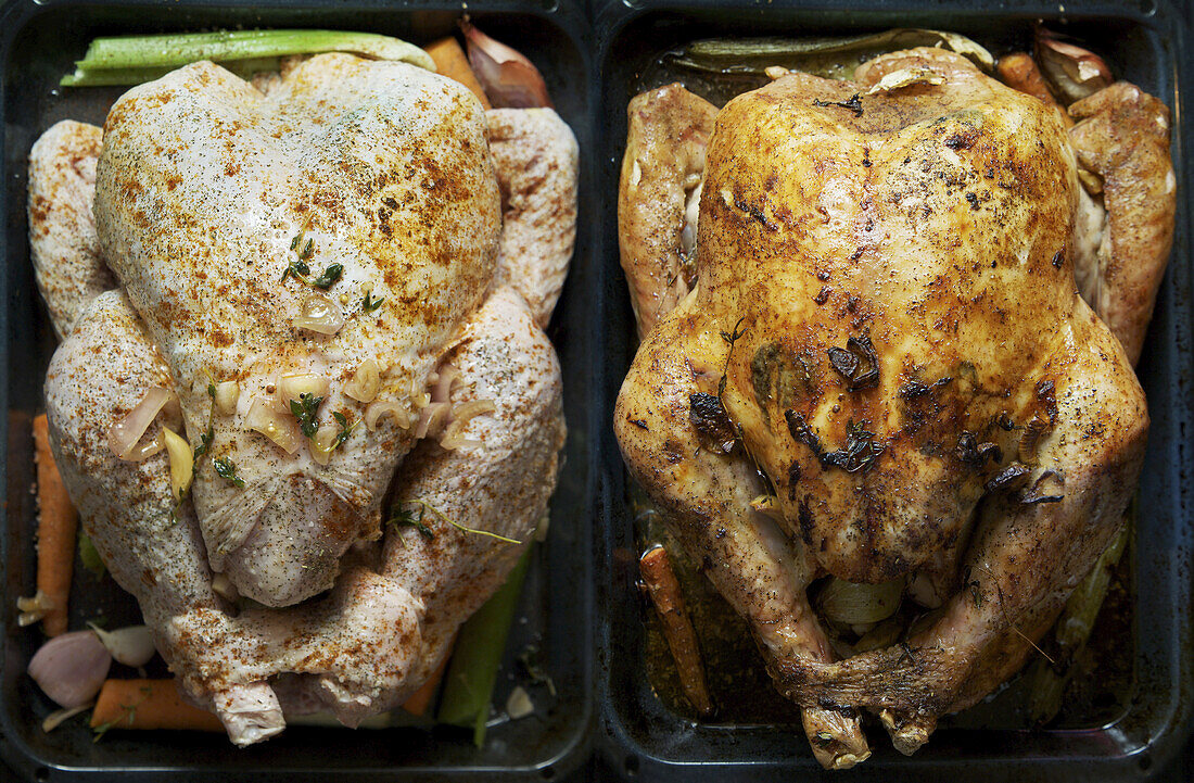 Close-up of Raw and Cooked Turkey Side by Side