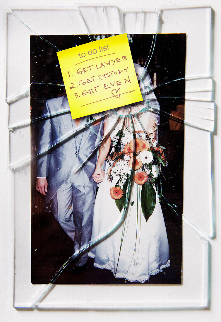 Smashed Wedding Photo With a To Do List Sticky Note