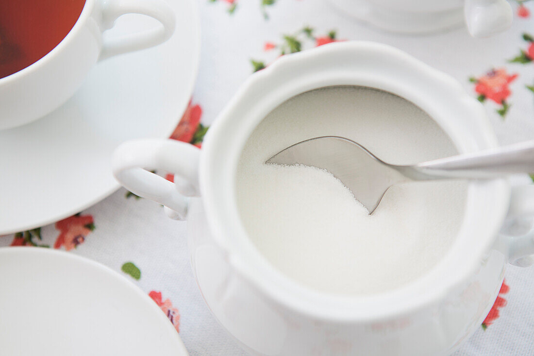 Overhead View of Sugar Bowl with Spoon, Studio Shot