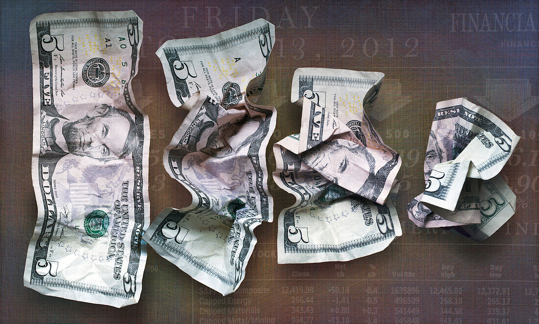 Multiple Image View of American Five Dollar Bill being Crumpled with Financial Report Background