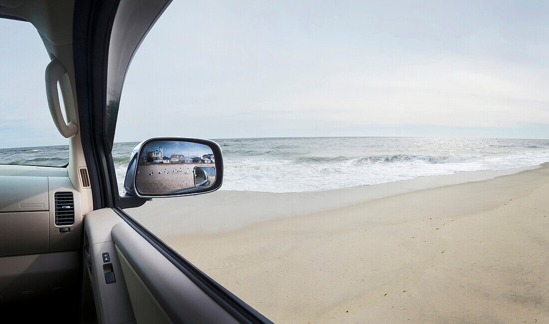 Strand aus dem Inneren eines Mietwagens, Point Pleasant, New Jersey, USA