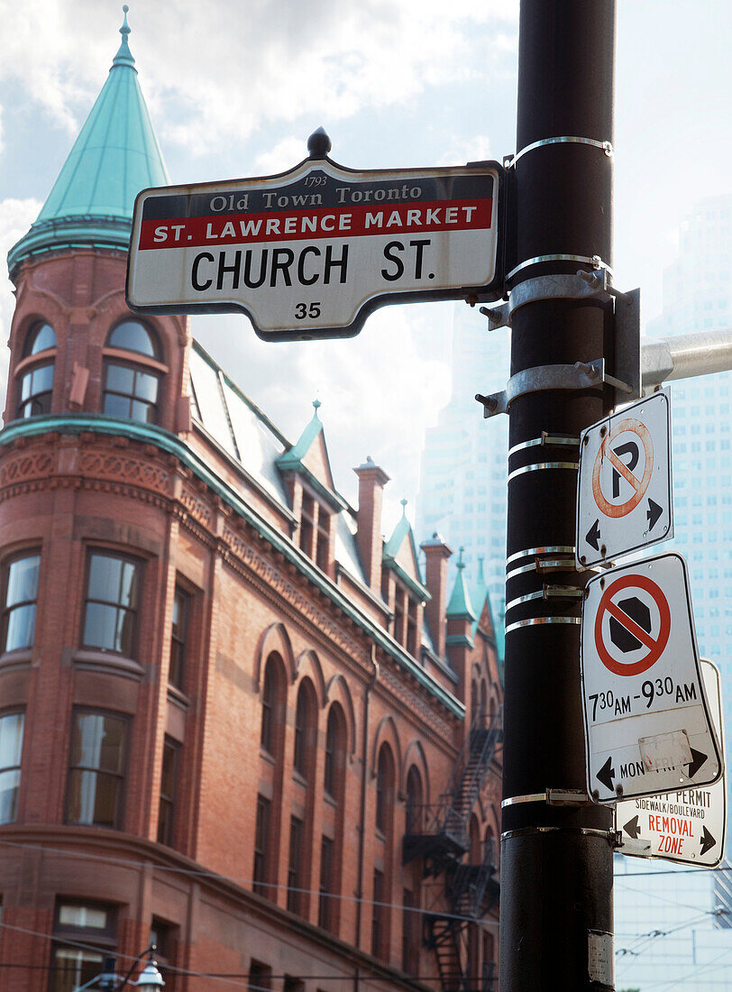 Flatiron Building and Church Steet Sign, Toronto, Ontario, Canada