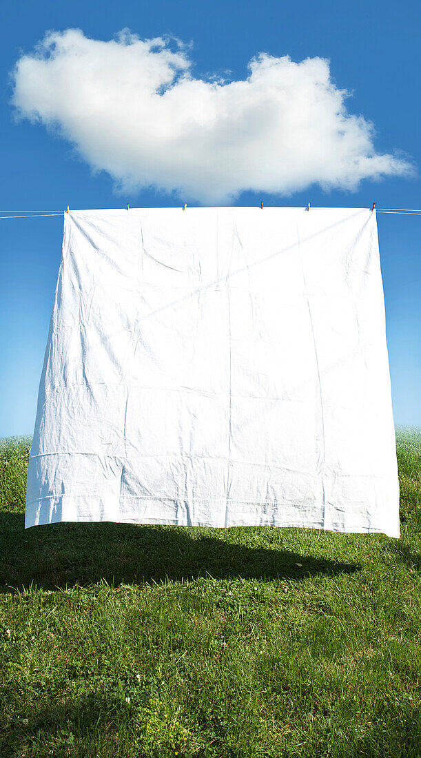 Sauberes weißes Laken, das auf einer Wäscheleine in einem Feld hängt, Kanada