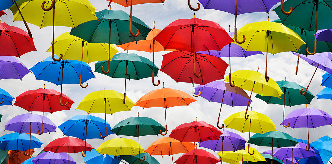 Ansicht mehrerer ausgestellter Regenschirme in Bath, England, UK