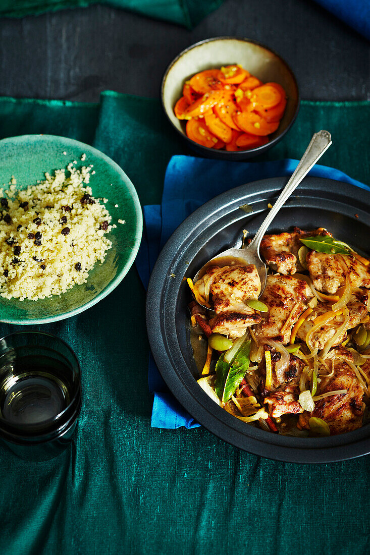 Overhead View of Chicken, Lemon Carrots and Couscous with Currants, Studio Shot