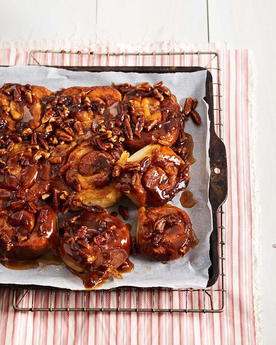 Sticky Buns on baking tray, studio shot