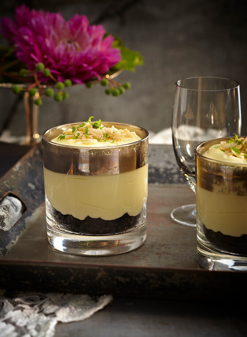 Margarita pudding in glasses on tray, Mexican Fiesta, studio shot