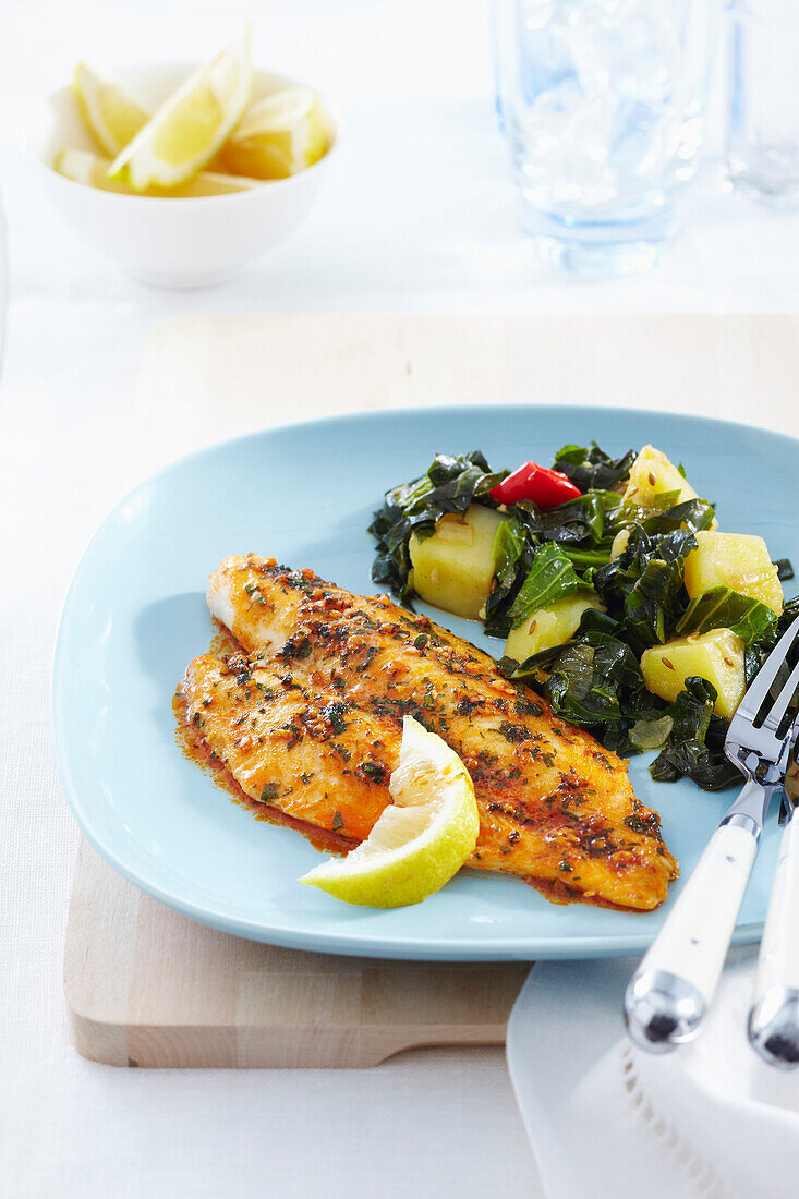 Fish Fillet with Spiced Collards, Studio Shot