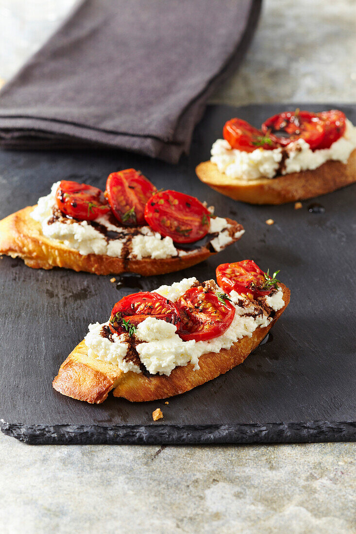 Appetizer of Ricotta and Tomatoes on Bread, Studio Shot