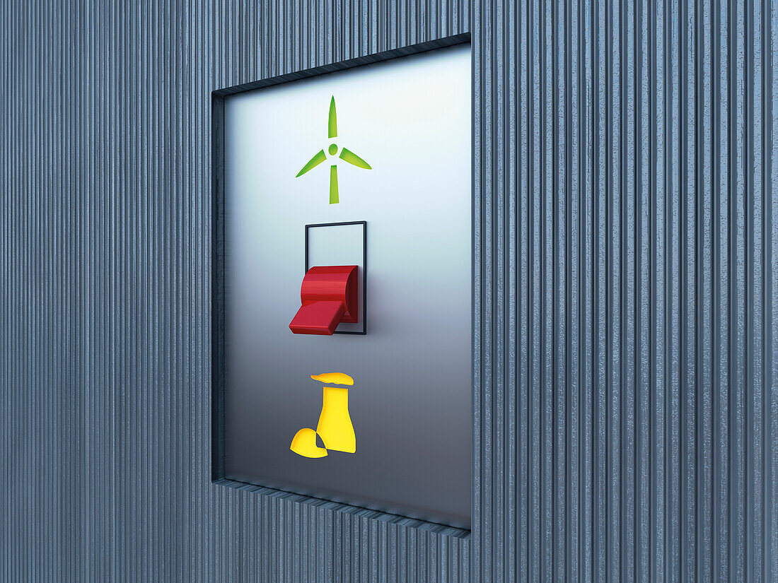 3D Illustration of Switch adjusted to Nuclear Energy Symbol