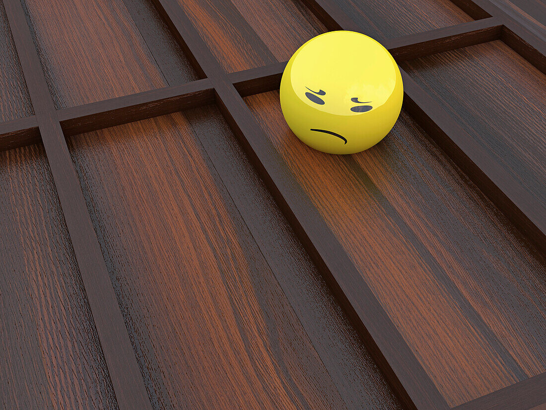 3D Illustration of Yellow Glass Marble with Sad Face