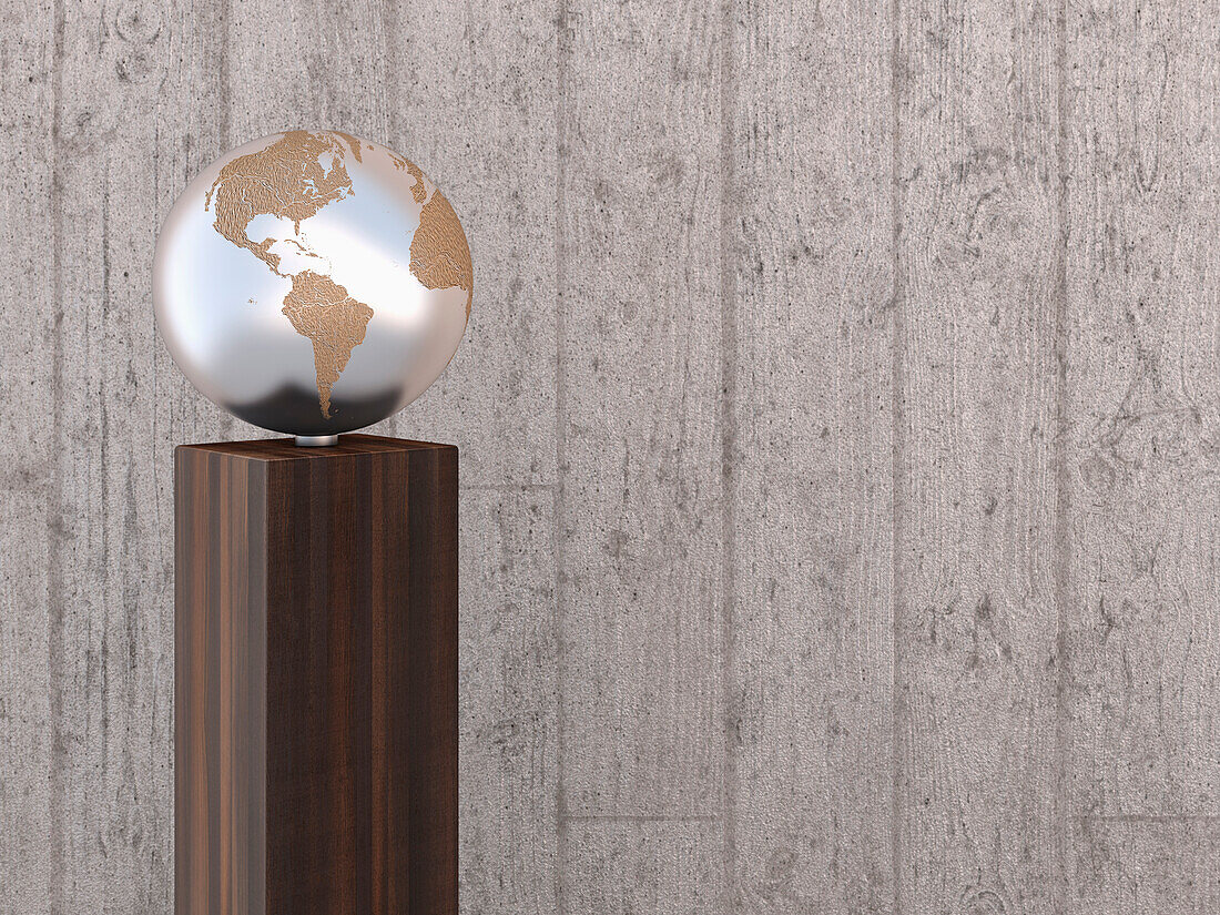 Illustration of metal globe on wooden stand, showing North and South America, studio shot on grey, wooden background