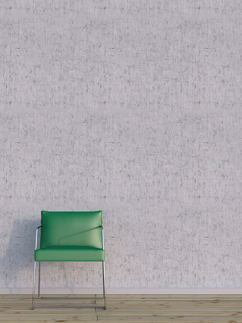 Digitale Illustration eines grünen Stuhls auf Hartholzboden vor einer Betonwand