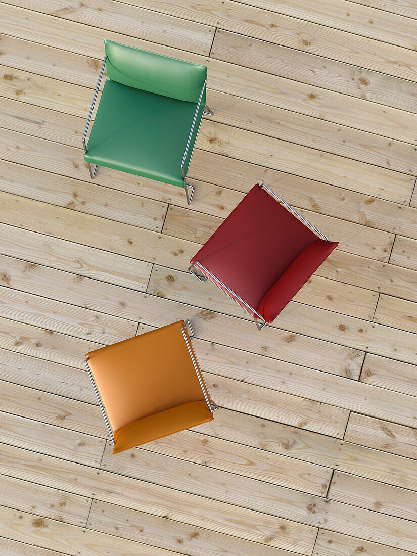 Digital Illustration of Overhead View of Red, Green, and Orange Chairs on Hardwood Floor