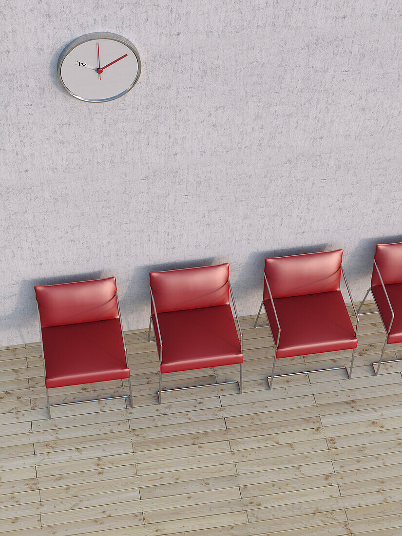 Digitale Illustration einer Draufsicht auf vier rote Stühle in einer Reihe vor einer Betonmauer
