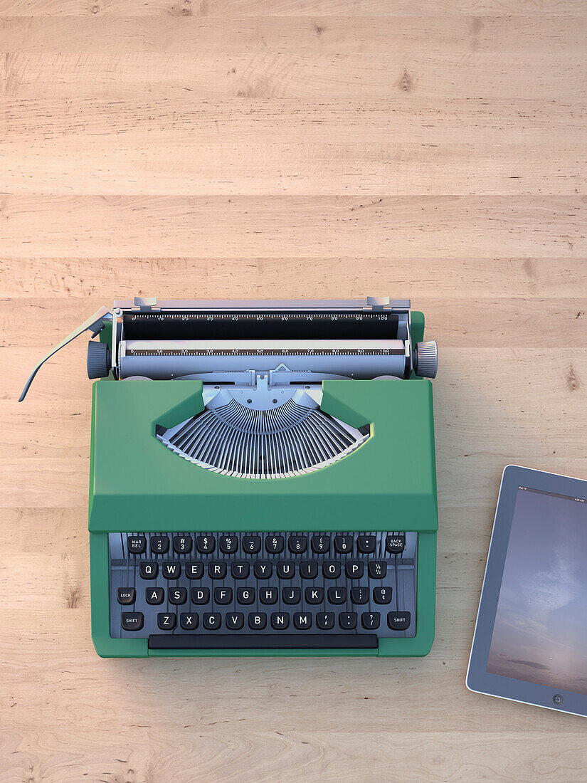 Digitale Illustration einer alten Schreibmaschine und eines modernen Tablet-Computers auf einem Holztisch