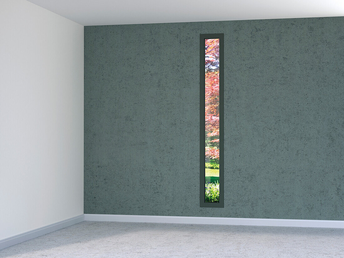 Digital Illustration of Empty Room with Tall, Narrow Window with view into Garden