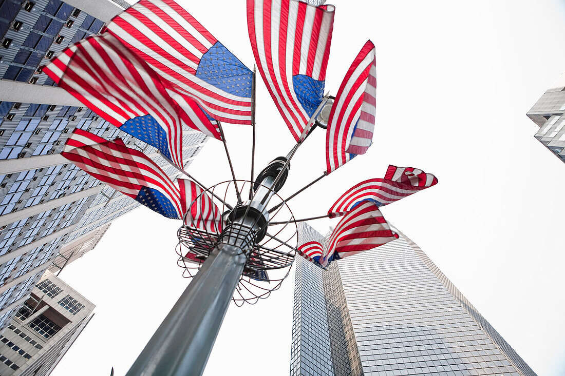 Looking Up at American Flags, Manhattan, New York City, New York, USA
