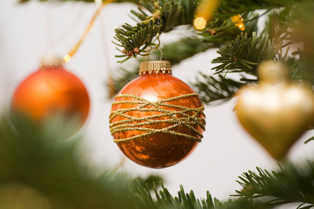 Close-up of Christmas Ornaments on Christmas Tree