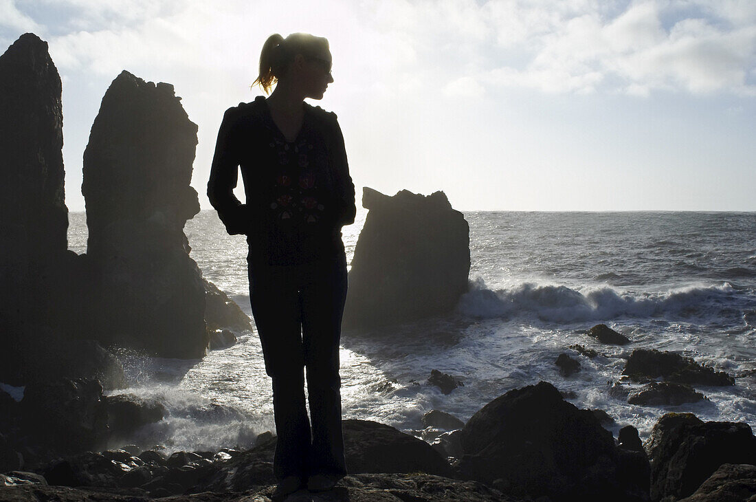 Woman Standing on Rocks at Humboldt Coast, California, USA