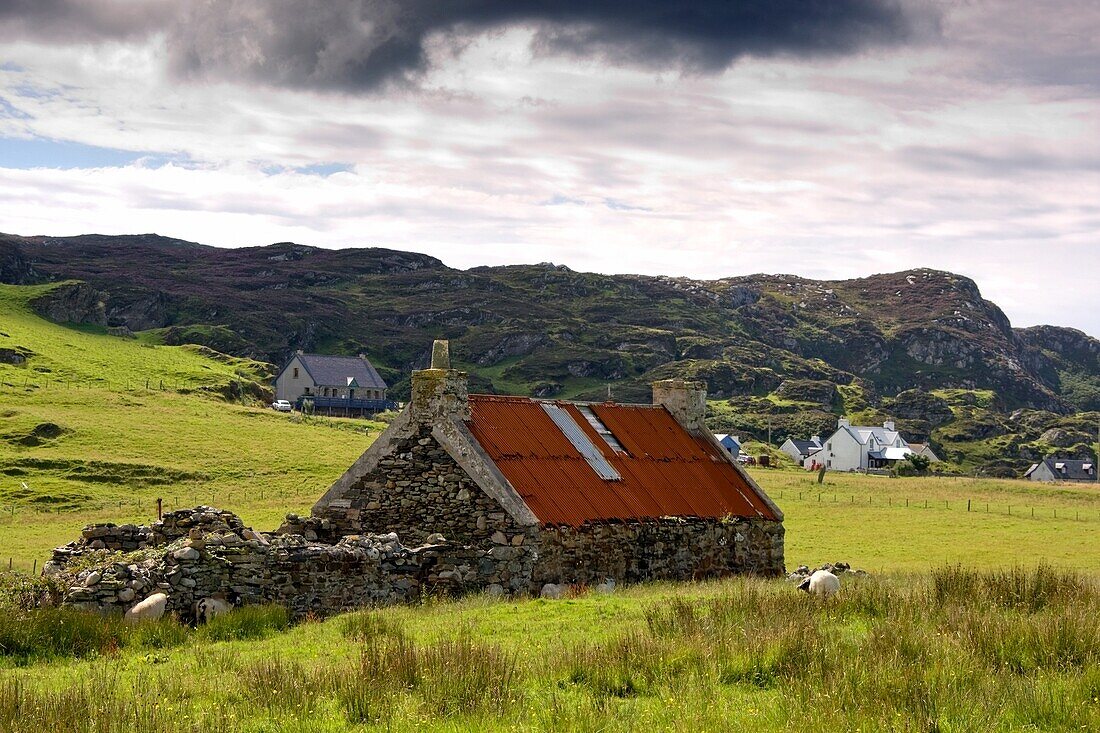 Isle of Colonsay, Schottland; Bauernhaus aus Stein und umliegendes Feld