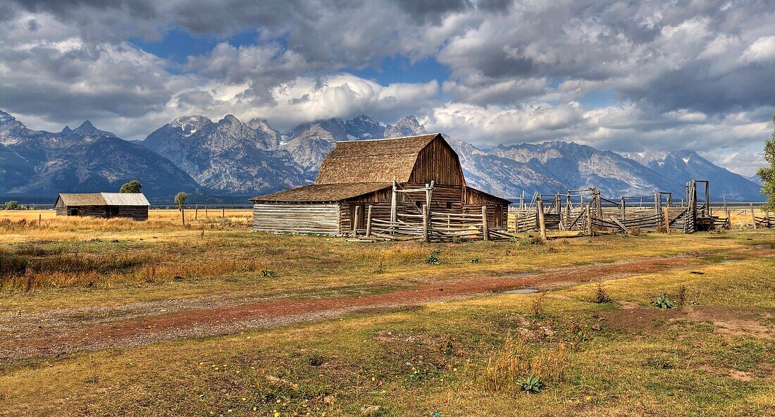 Remote Landscape With Mountains In Background; Mormon Row Historic District, Grand Teton National Park, Teton Range, Wyoming, Usa