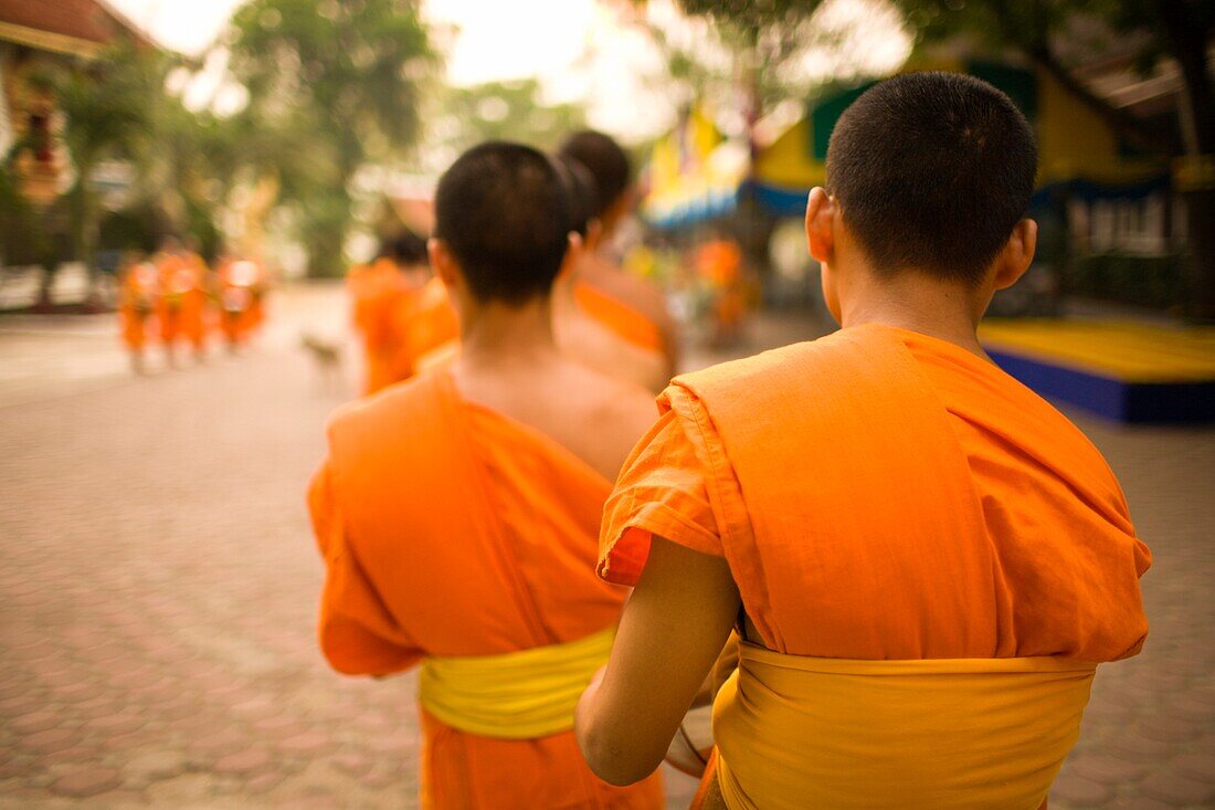 Buddhistische Mönche beim Sammeln von Lebensmitteln und speziellem Sonkran-Segen, Wat Srisoda, buddhistischer Tempel und Kloster; Chiang Mai, Thailand