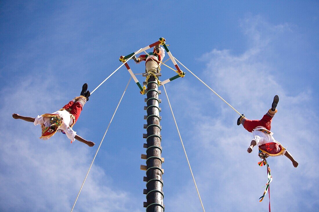 Papantla Fliers From Veracruz Performing Folkloric Show; Golden Zone, Mazatlan, Sinaloa, Mexico