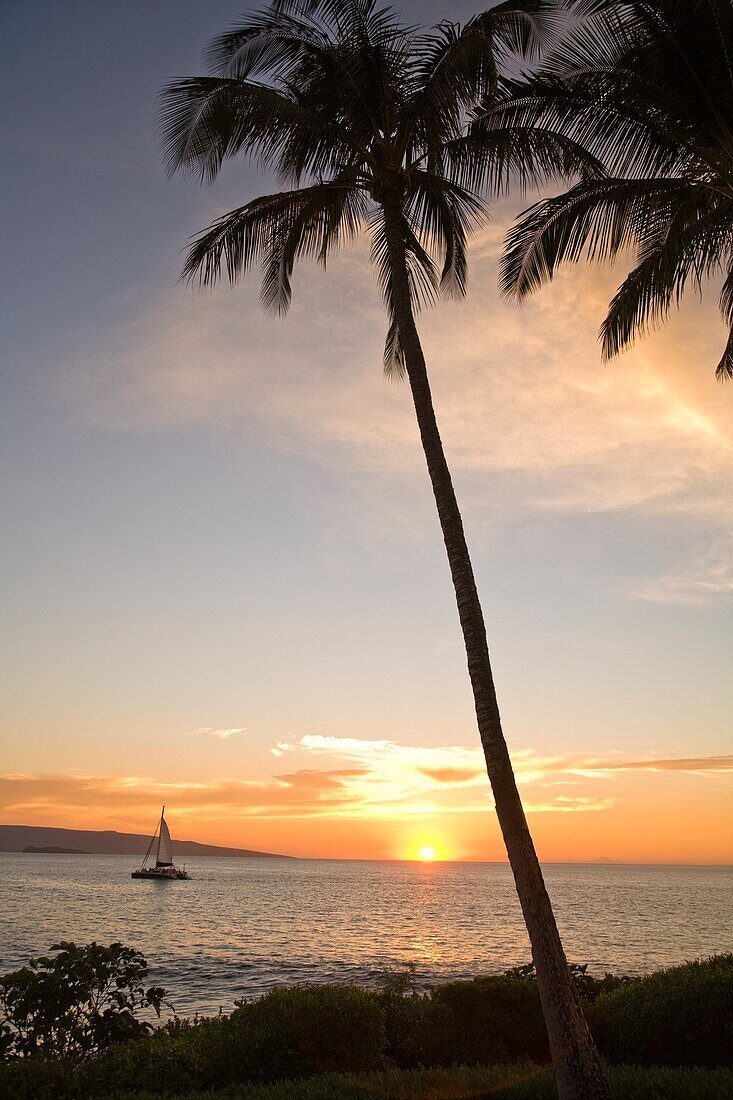 Fishing Boat On Sea At Sunset; Wailea, Maui, Hawaii, Usa
