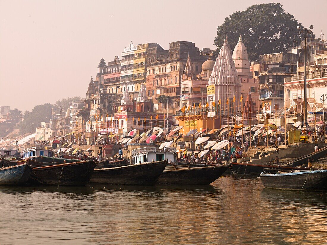 Boats And Varanasi Cityscape; India