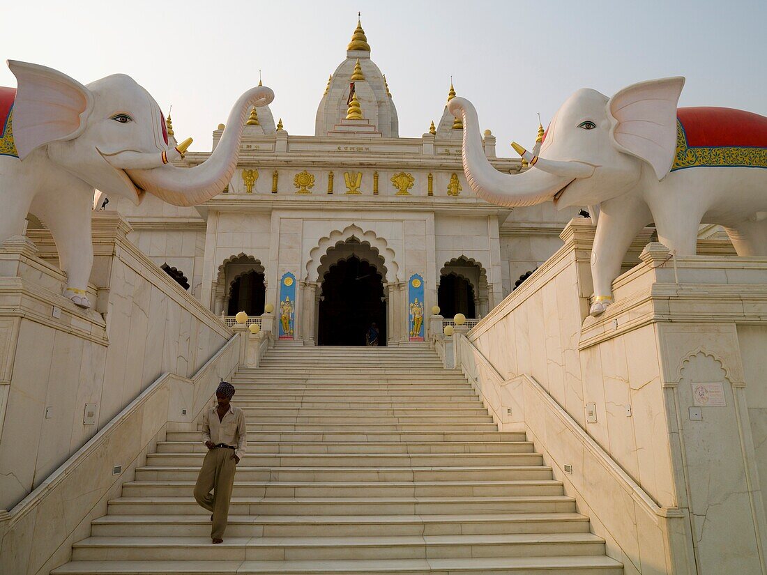 Treppe mit Elefantenstatuen, die zum Gebäude führt; Agra, Indien
