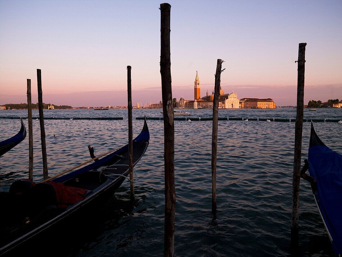 Gondolas On Canal, Church Of St. Giorgio Maggiore In Background; Grand Canal, Venice, Italy