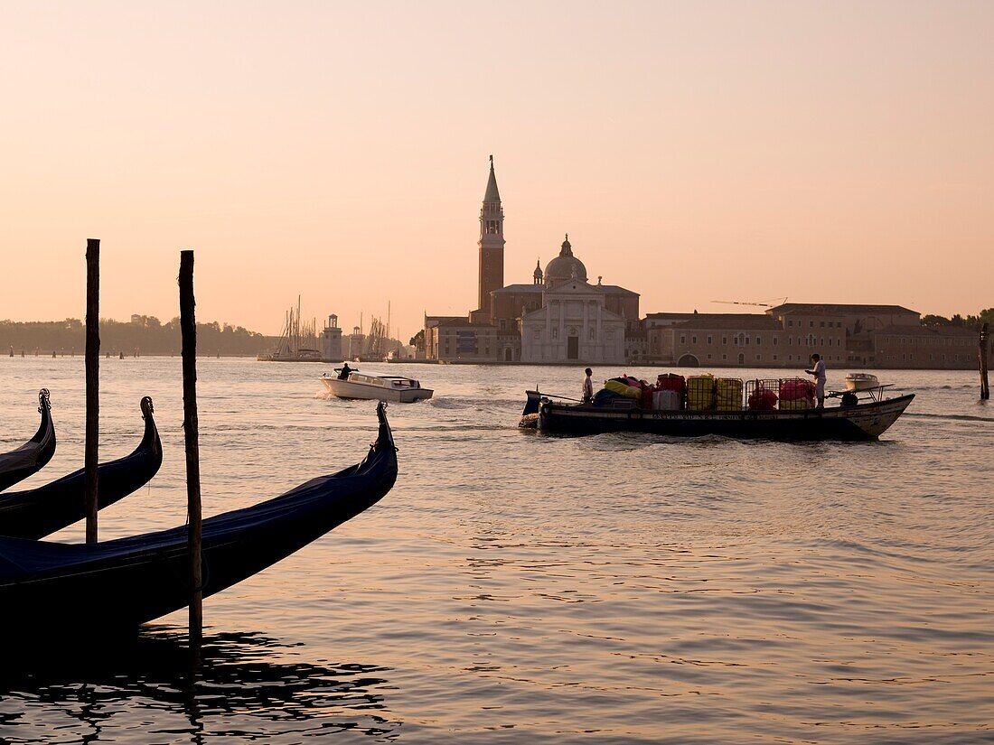 Gondolas And Boats On Canal, Church Of St. Giorgio Maggiore In Background; Grand Canal, Venice, Italy