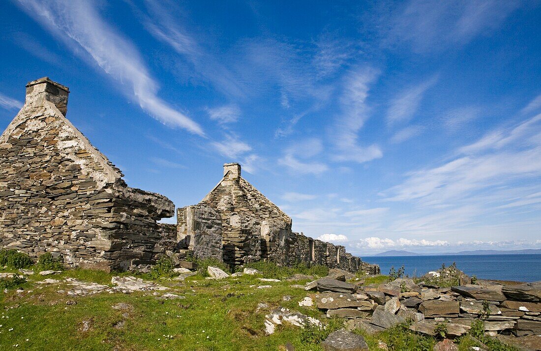 Das verlassene Dorf; Riasg Buidhe, Colonsay, Insel Colonsay, Schottland, Vereinigtes Königreich