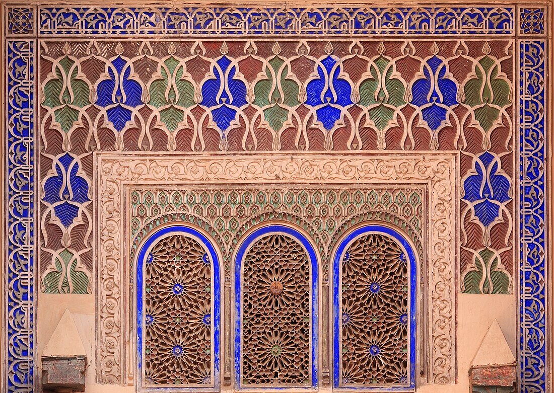 Intricate Painted And Stucco Patterns On The Walls Of A Riad; Marrakech, Morocco