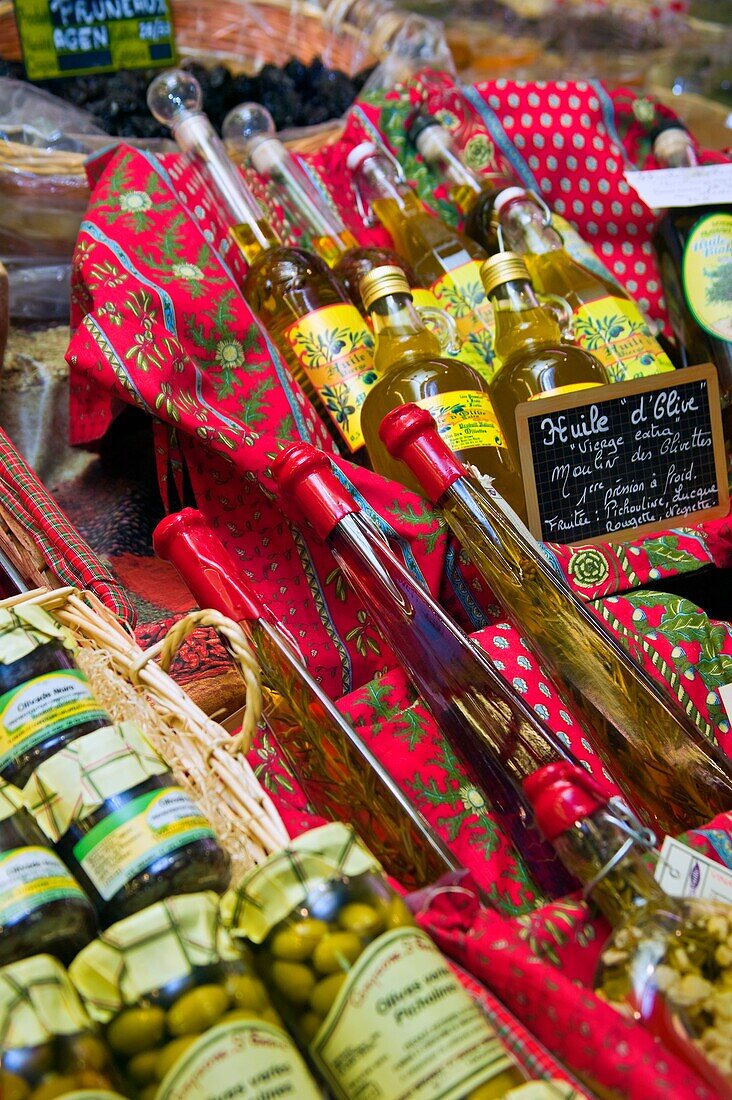 Arles, Provence, France; Market Stall With Olives And Olive Oil