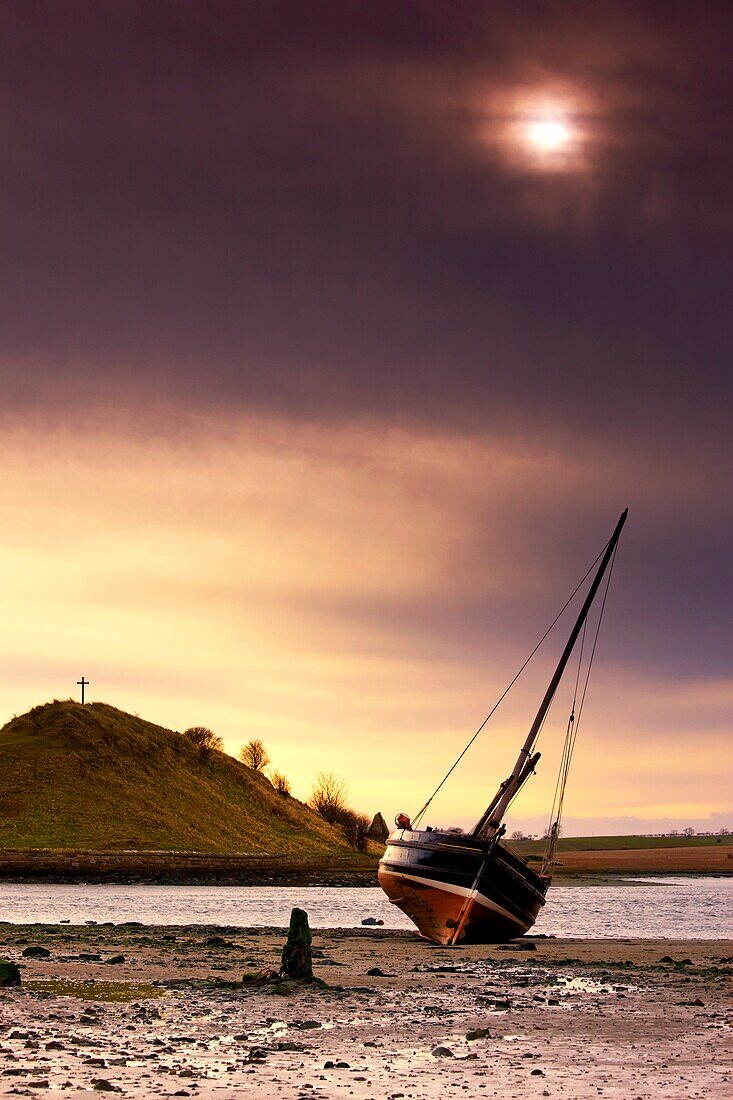 Boat On Beach At Low Tide; Alnmouth, Northumberland, England