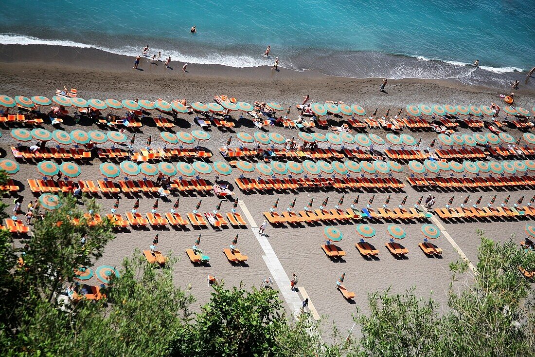 Spiaggia Grande, Positano, Amalfi Coast, Italy; Aerial Of Mediterranean Beach And Seashore