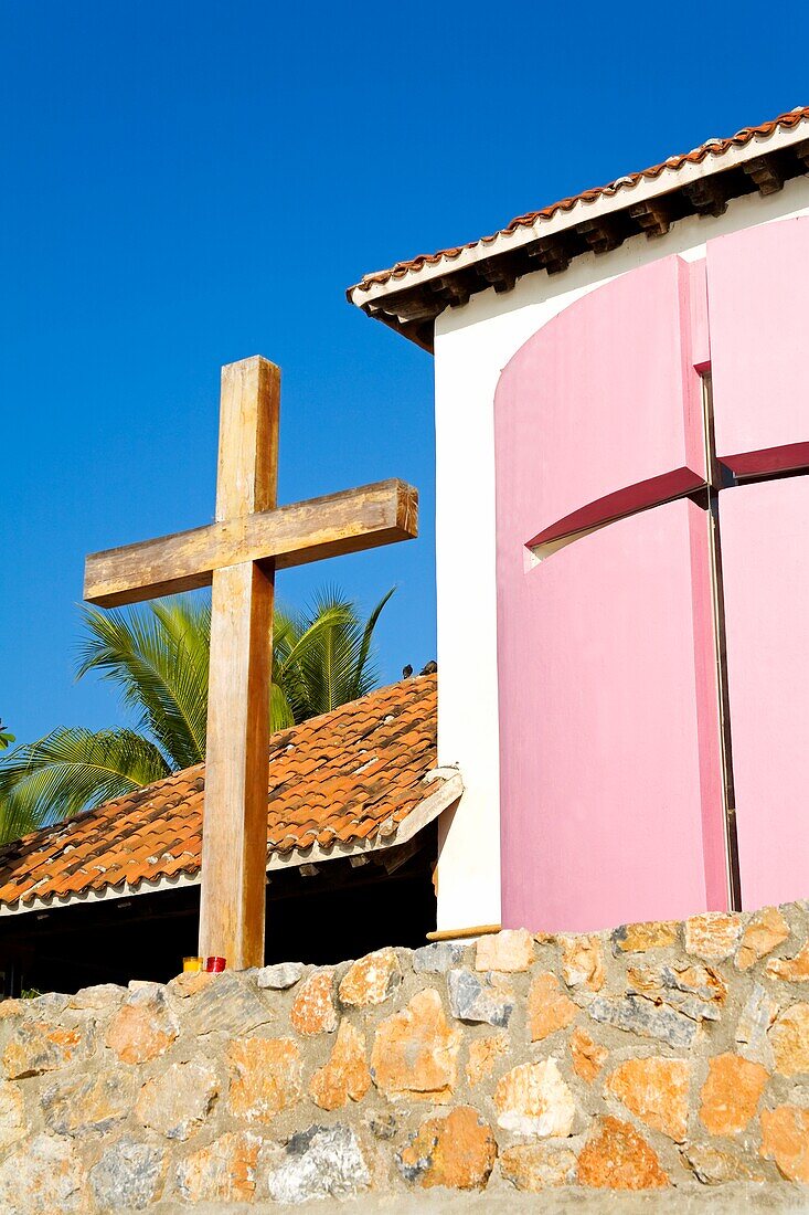 Chapel Of Santa Cruz, Huatulco, Oaxaca State, Mexico; Cross In Front Of Chapel