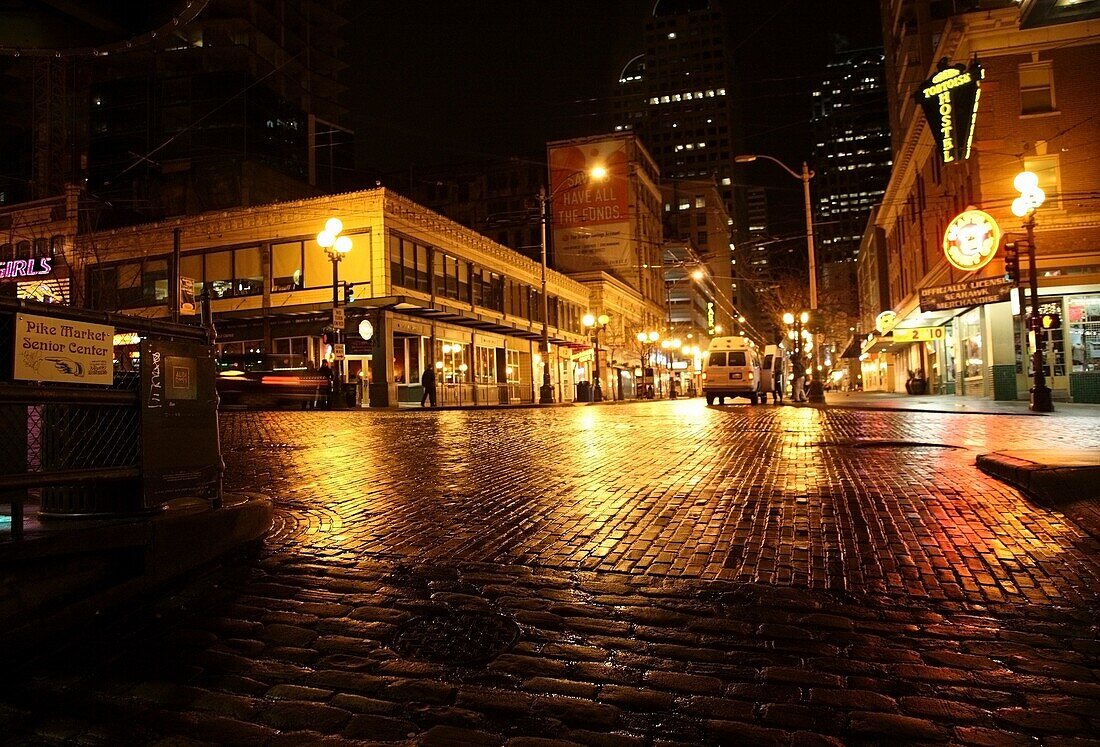 Pike Place Market, Seattle, Washington, Usa; City Lights Reflected In Wet Street At Night