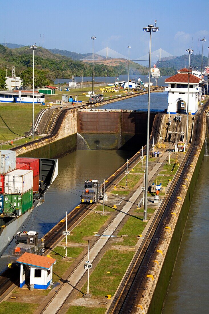 Miraflores Locks, Panama Canal, Panama, Central America; Container Ship In Lock