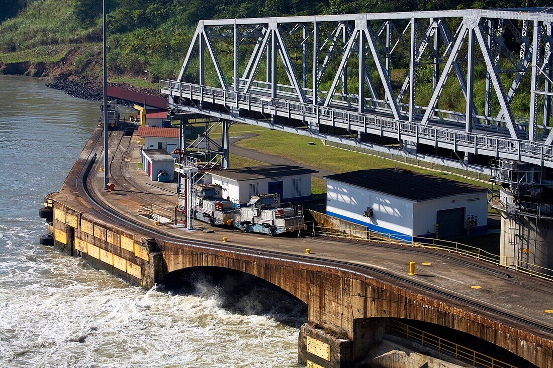 Miraflores Locks, Panama Canal, Panama, Central America; Swing Bridge In Lock
