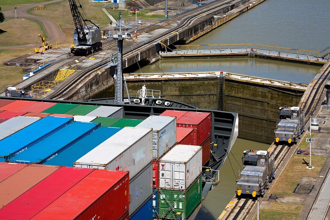 Pedro Miguel Locks, Panama Canal, Panama, Central America; Container Ship In Lock