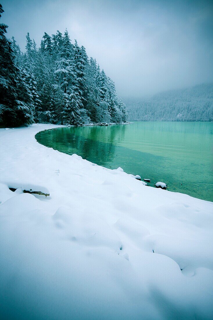 Snowy Shoreline Of A Lake