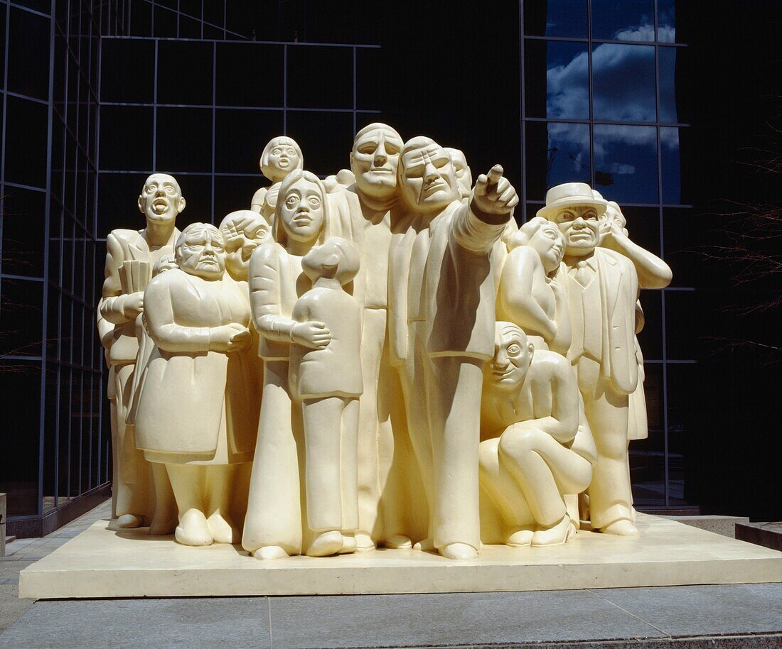 Illuminated Crowd Statue In Front Of Bnp Tower, Montreal, Quebec, Canada